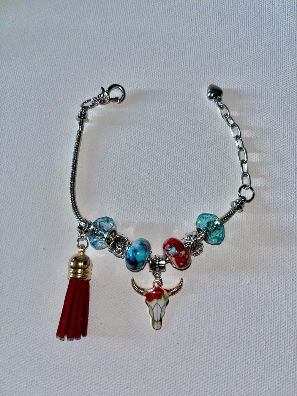 Silver Charm Bracelet with Red Tassel and Turquoise Beads